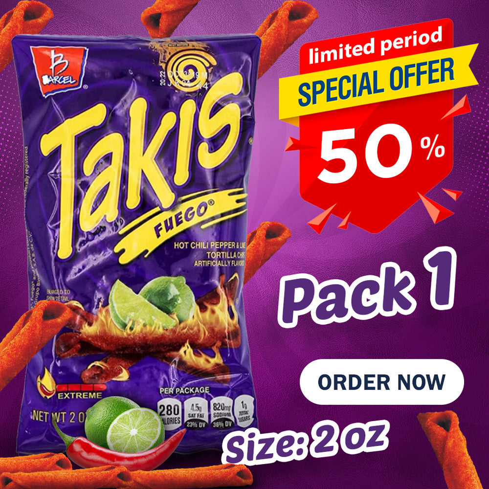 Barcel: Takis Fuego Hot Chili Pepper & Lime Tortilla Chips (2 Oz) Pack 1 | BIG SALE 50% - SANI-LLC