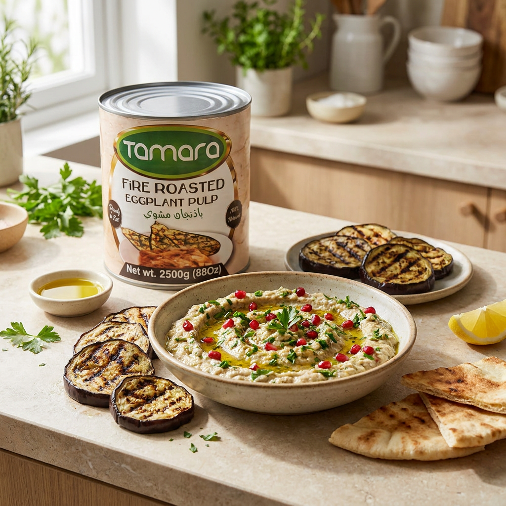 Tamara fire roasted eggplant pulp in 88oz container, natural ready-to-eat eggplant for cooking and recipes