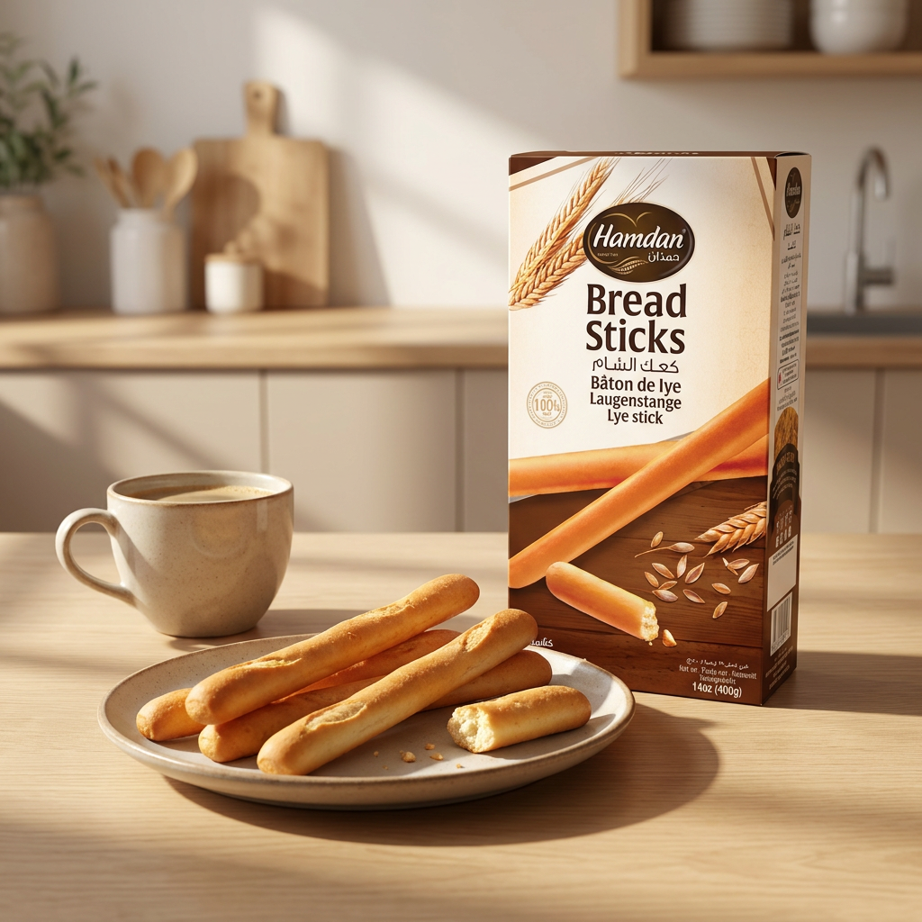 Hamdan Classic Bread Sticks 400g crispy lye sticks for dipping, shown in a clear image with golden-brown, crunchy texture