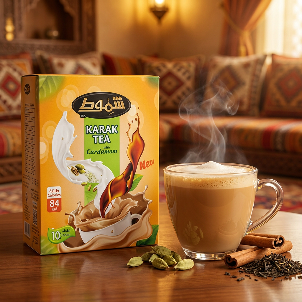 Shammout Karak Tea sticks with cardamom, instant milk tea product, showing five tea sticks and packaging for flavorful Middle Eastern tea