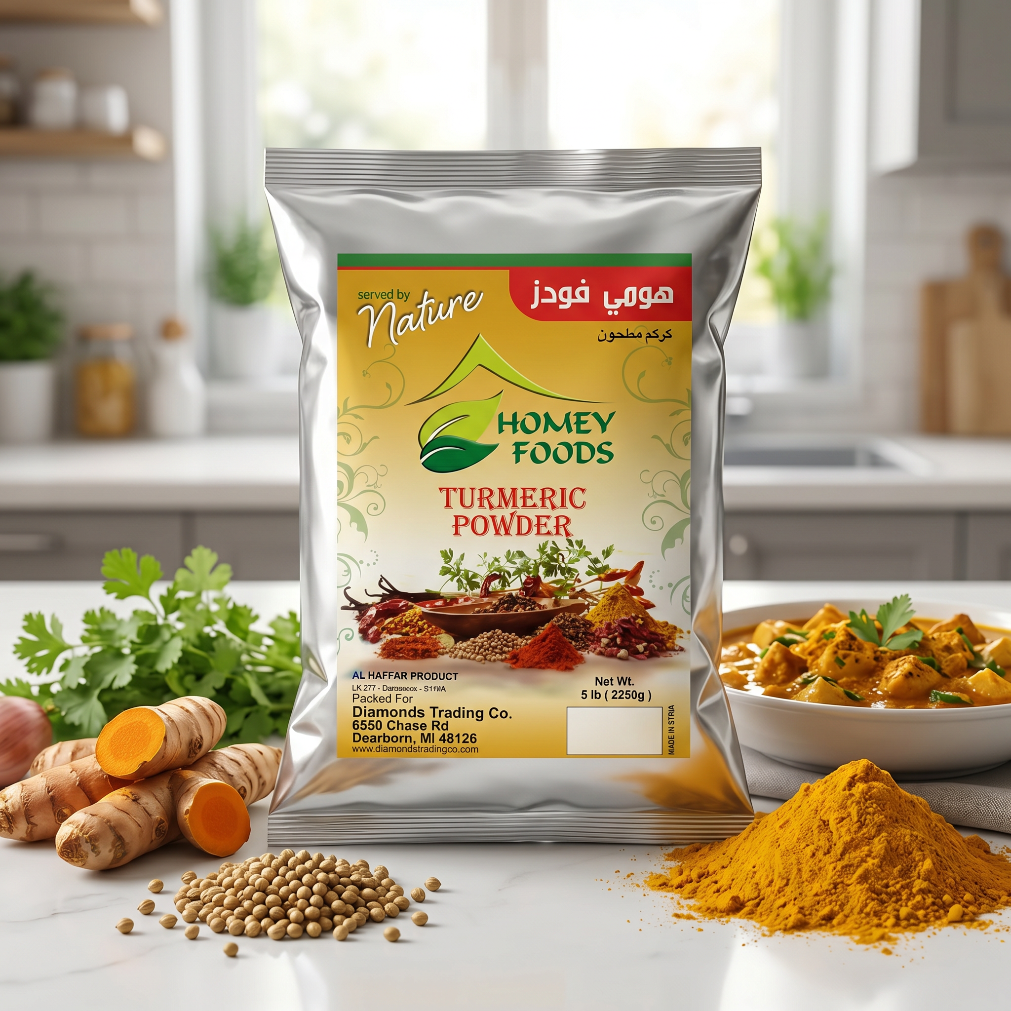 Homey Foods pure turmeric powder in a 5lb bag, ground turmeric root spice for cooking, seasoning, and golden milk, all natural non-GMO.