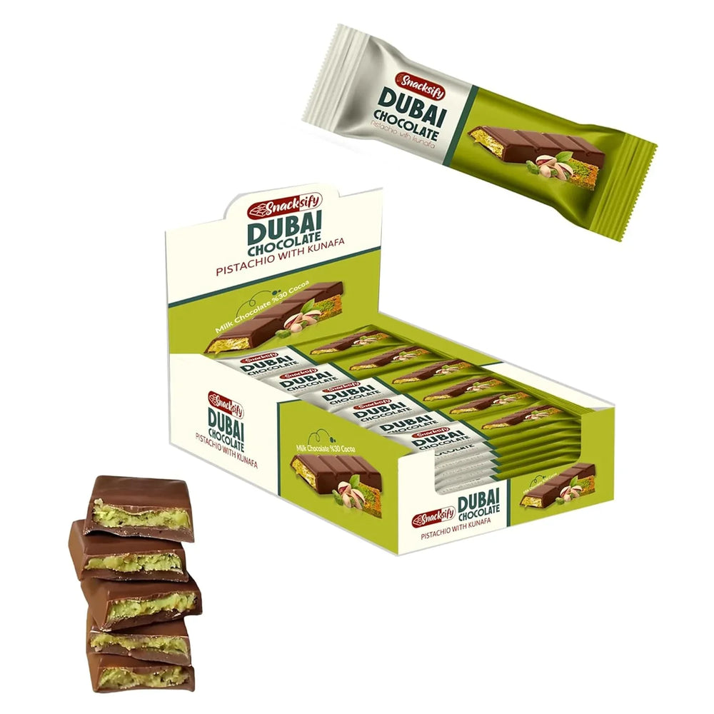 Snacksify Dubai Pistachio Kunafa Chocolate BarSnacksify Dubai Chocolate Bars, Pack of 24 (27g Each), Milk Chocolate - Gourmet Exotic Treat - SANI-LLC
