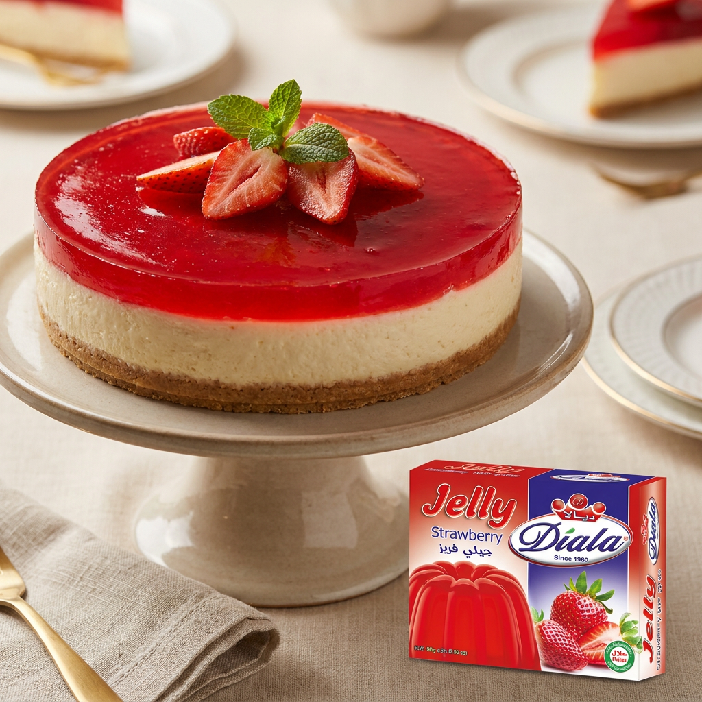 Diala Strawberry Jelly dessert mix in 80g package with fresh strawberries and jelly prepared for quick snacks.