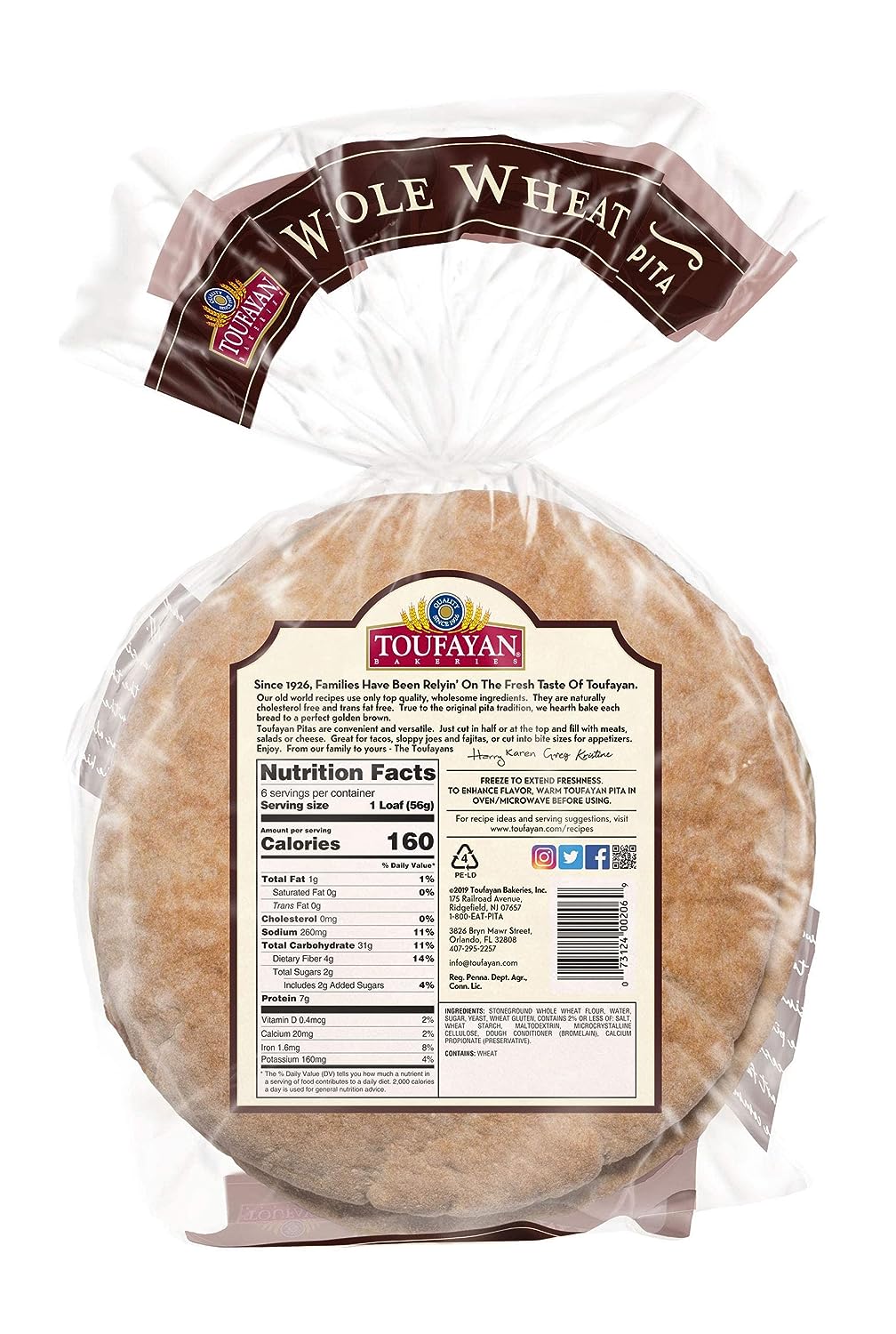 Toufayan Pita ÃƒÂ¢Ã¢â€šÂ¬Ã¢â‚¬Å“ Whole Wheat 6 COUNT | NET WT. 12 OZ. (340g) - SANI-LLC