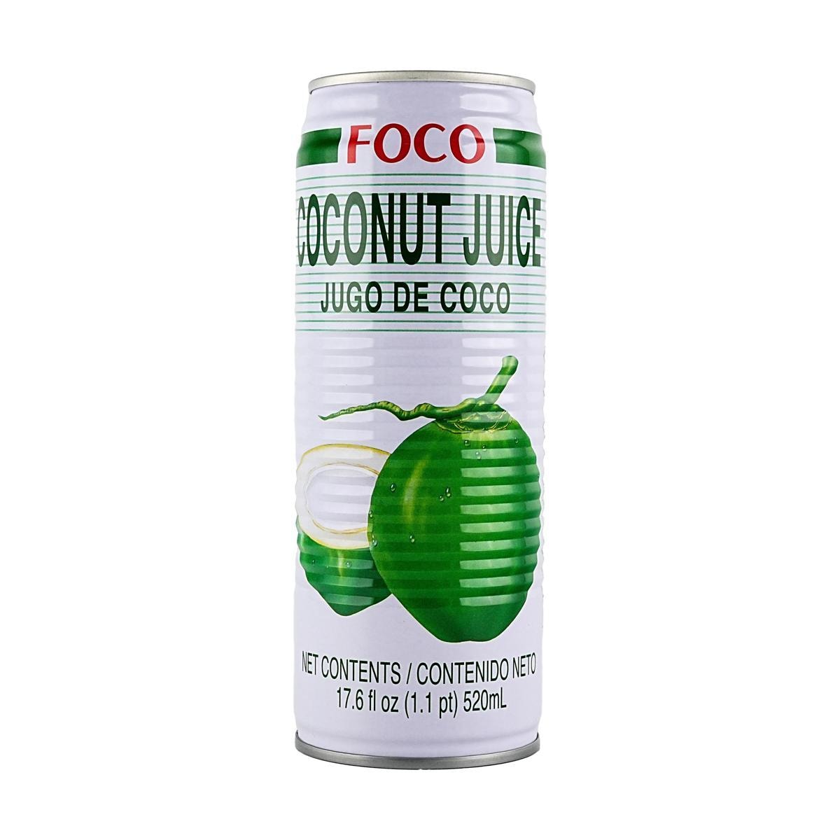 FOCO coconut juice can with young coconut pulp, 17.6 fl oz, showcasing the refreshing Thai beverage with high potassium.