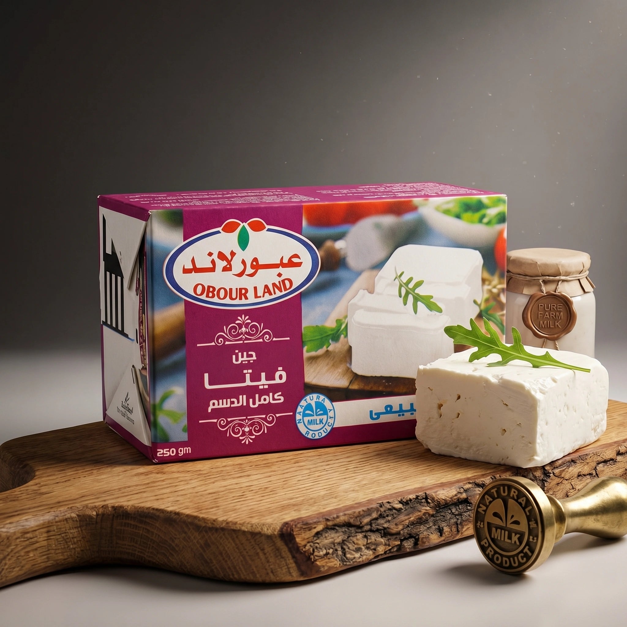 Close-up of Obour Land Full Cream Feta Cheese block showing creamy white texture, ideal for salads, sandwiches, and healthy snacks