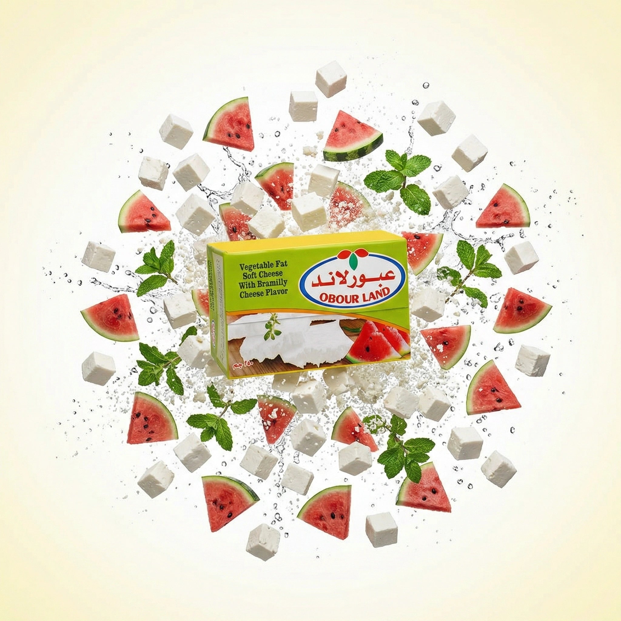 Obour Land soft white vegetable fat cheese with creamy texture, ideal for sandwiches and Mediterranean salads, in 250g package