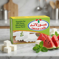 Obour Land Vegetable Fat Soft White Cheese with Bramilly flavor and creamy texture, ideal for sandwiches and Mediterranean salads.