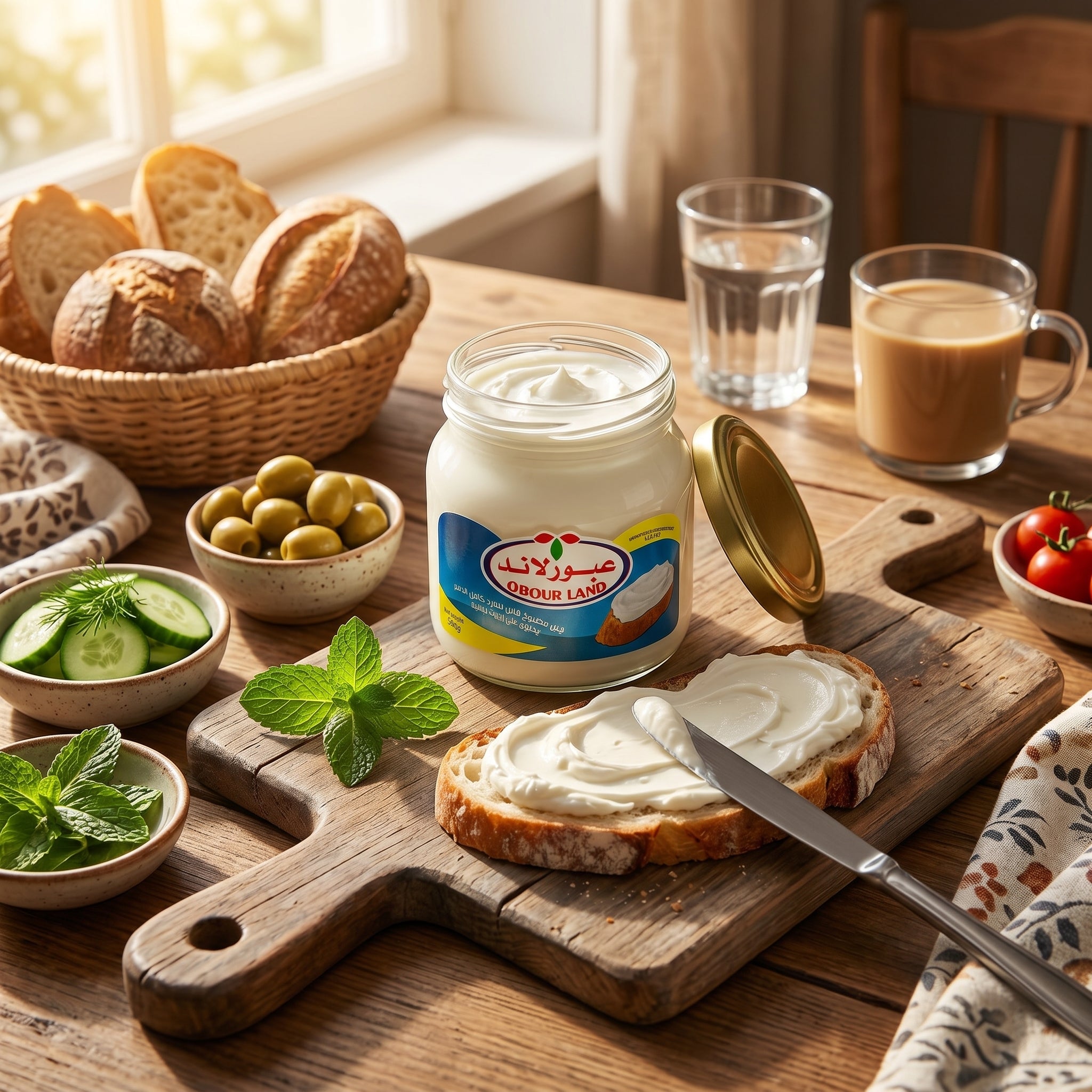 Obour Land creamy cheese spread bundle with Mafrouda squeeze pouches, 500g jar, and 240g cup, showcasing Middle Eastern processed cheese.