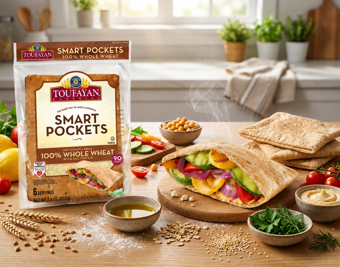 Toufayan Smart Pockets whole wheat pita bread stacked, showing soft texture and round shape, ideal for sandwiches and snacks.