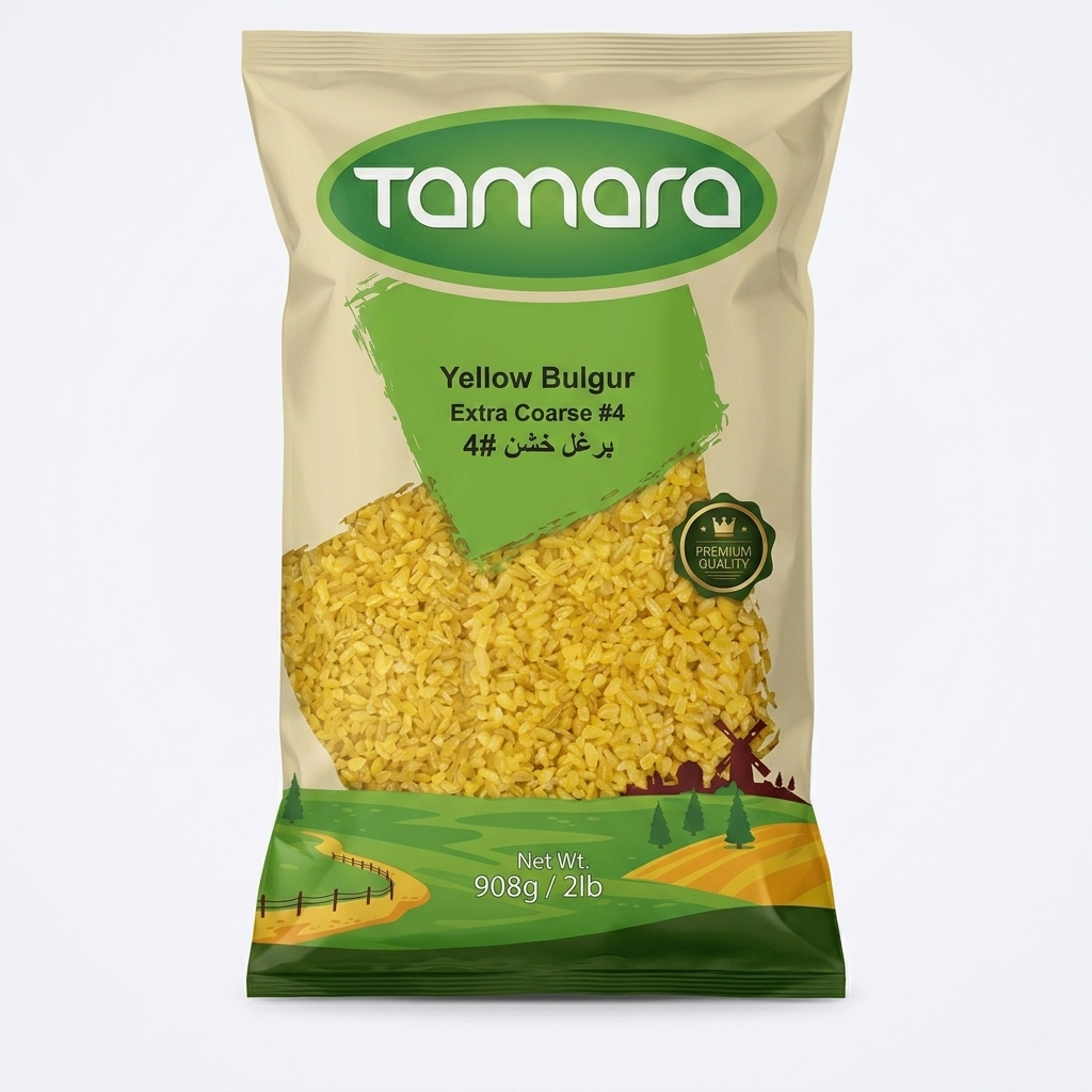 Tamara Yellow Bulgur Extra Coarse #4 in 2lb package, showing whole grains of authentic yellow bulgur on a neutral background.