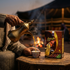 Shammout Jordanian instant Arabic coffee in 10 bags, 220g each, with brewed coffee cups and coffee beans on a white background.