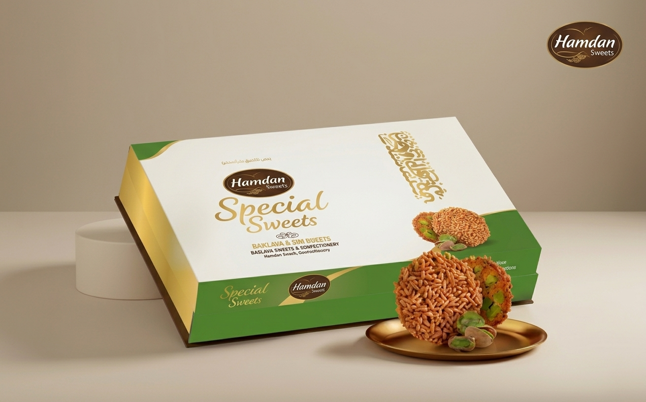 Hamdan Barazek sweets with sesame and pistachio, crispy Damascus-style cookies, shown in a 300g package, ideal for tea or gifting.