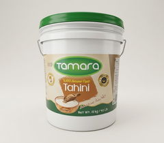 Tamara 100% pure tahini sesame paste in a large bulk container, ideal for food service and grocery use