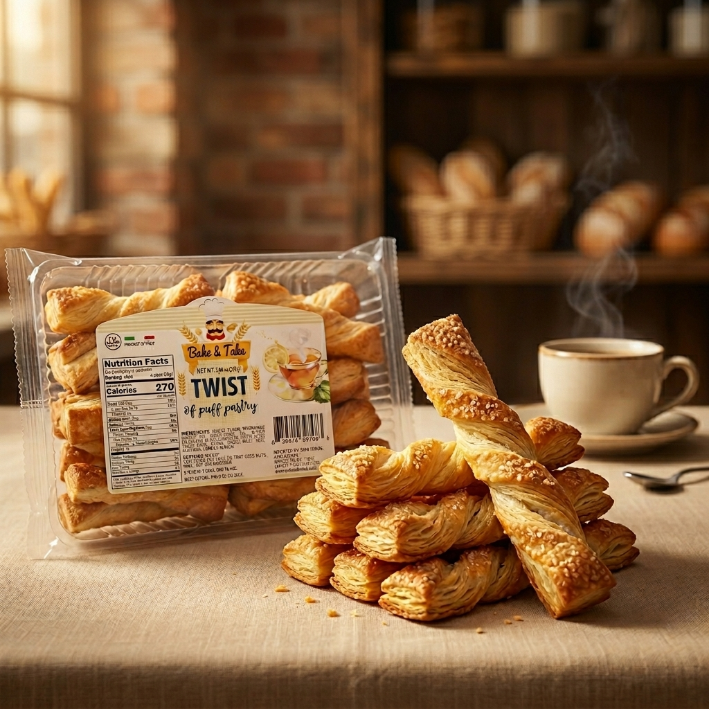Bake & Take Puff Pastry Twists, 12-pack, sweet Italian snack with golden-brown pastry twists on a white plate.