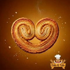 Bake & Take Palmiers Italian puff pastry snacks, golden flaky pastries shaped like hearts, ready to enjoy as tasty treats.