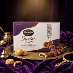 Hamdan Ajwa Ma'amoul date sweets with traditional Arabic shortbread cookies and Ajwa date filling, 400g, shown in image.