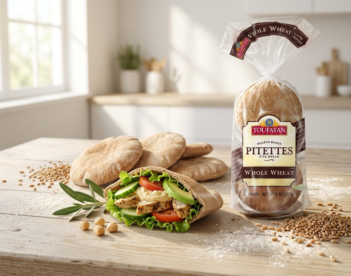 Toufayan Whole Wheat Pitettes, vegan pita bread loaves for snacks and dips, hearth-baked, 8 oz, 8 loaves in package