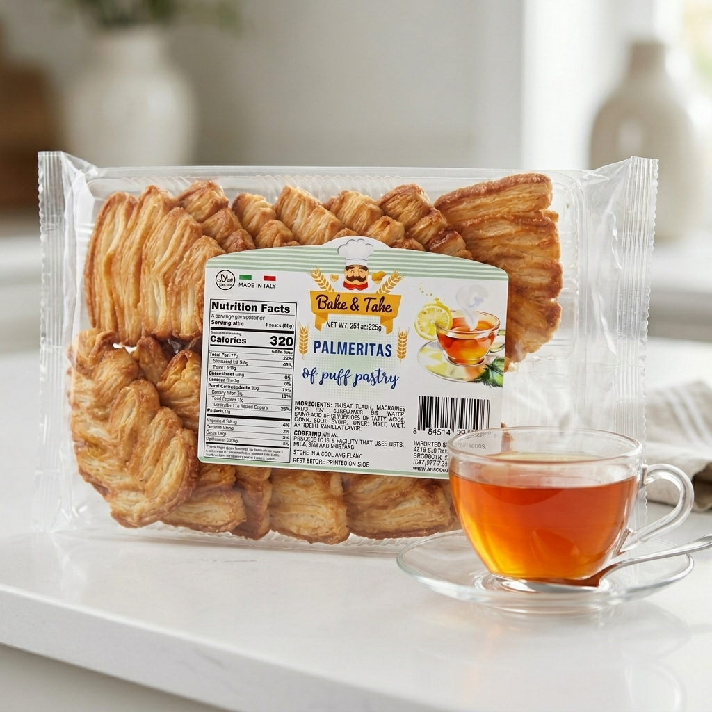 Bake & Take Palmeritas 12-pack Italian puff pastry cookies, golden, flaky, and beautifully layered on a white plate.