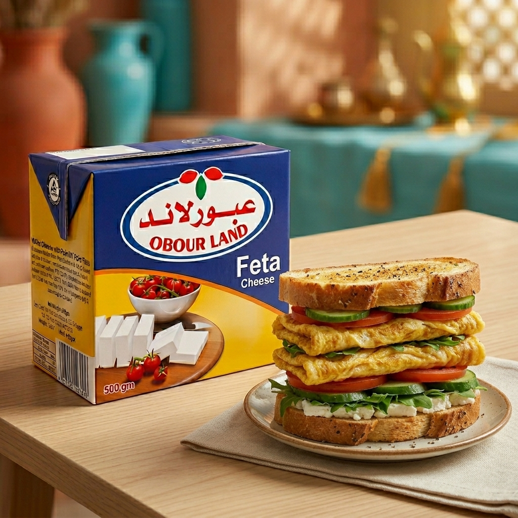 Obour Land Feta Cheese 500g block with crumbled texture and creamy white appearance, ideal for salads and Mediterranean dishes.