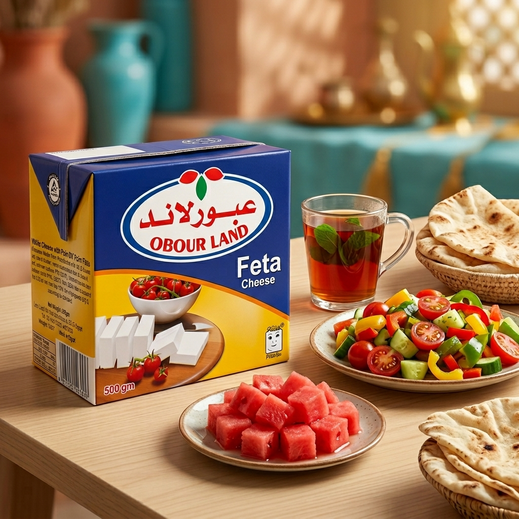 Obour Land feta cheese block, 500g, showcasing creamy white cheese with a crumbly texture and fresh appearance.