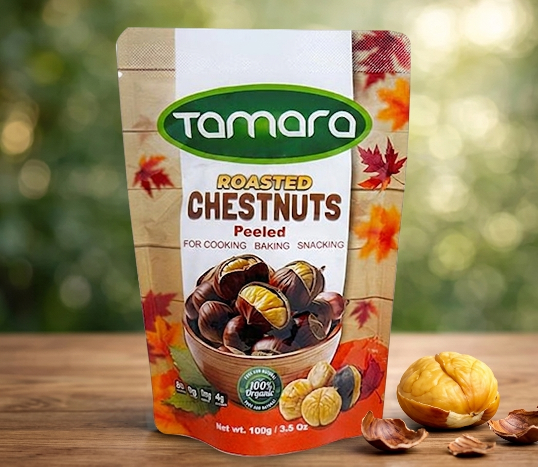 Tamara organic roasted peeled chestnuts in 100g package, suitable for cooking and snacking, with a natural, fresh appearance.