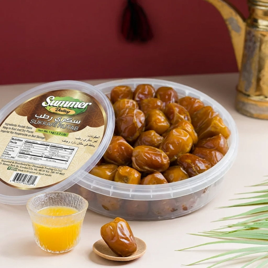 Fresh Summer Valley Sukkari Rutab Dates, premium Saudi Arabian soft dates with caramel flavor, high fiber, non-GMO healthy snack
