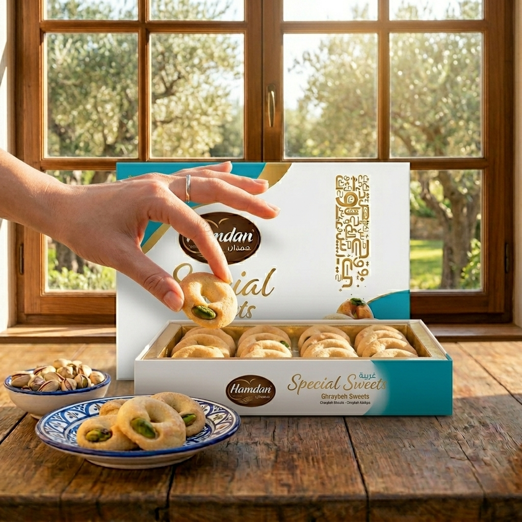 Hamdan Ghraybeh 300g traditional shortbread cookies, golden-brown, arranged in a decorative gift box for special occasions