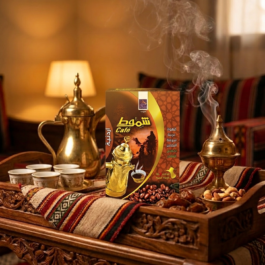 Shammout Jordanian instant Arabic coffee in 220g bags, featuring 10 packs of traditional coffee with rich, dark roasted beans.
