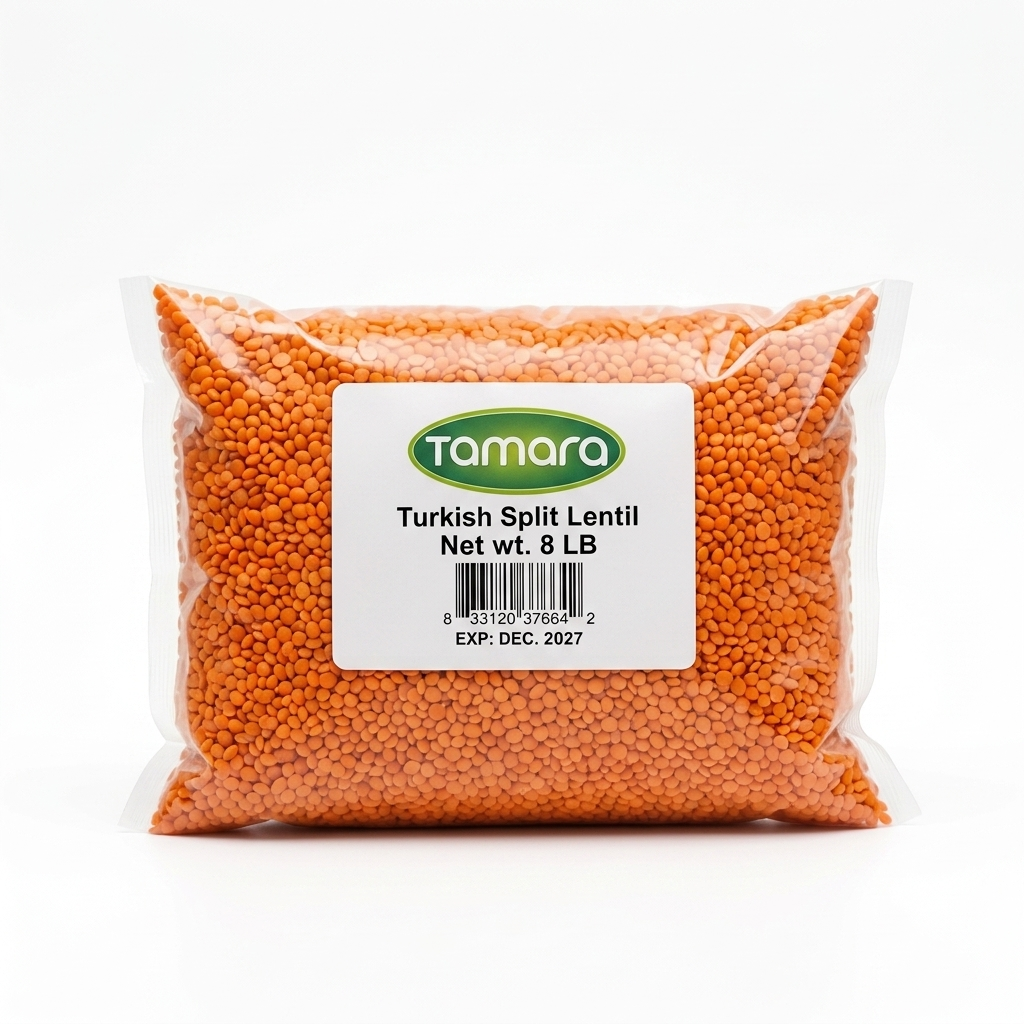 Bag of Tamara Turkish Split Red Lentils for soups and stews, showing vibrant red lentils in an 8 lb bulk package.