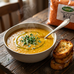 Tamara Turkish split red lentils in an 8 lb bulk bag, ideal for soups and stews, with a close-up of the red lentils in the bag.