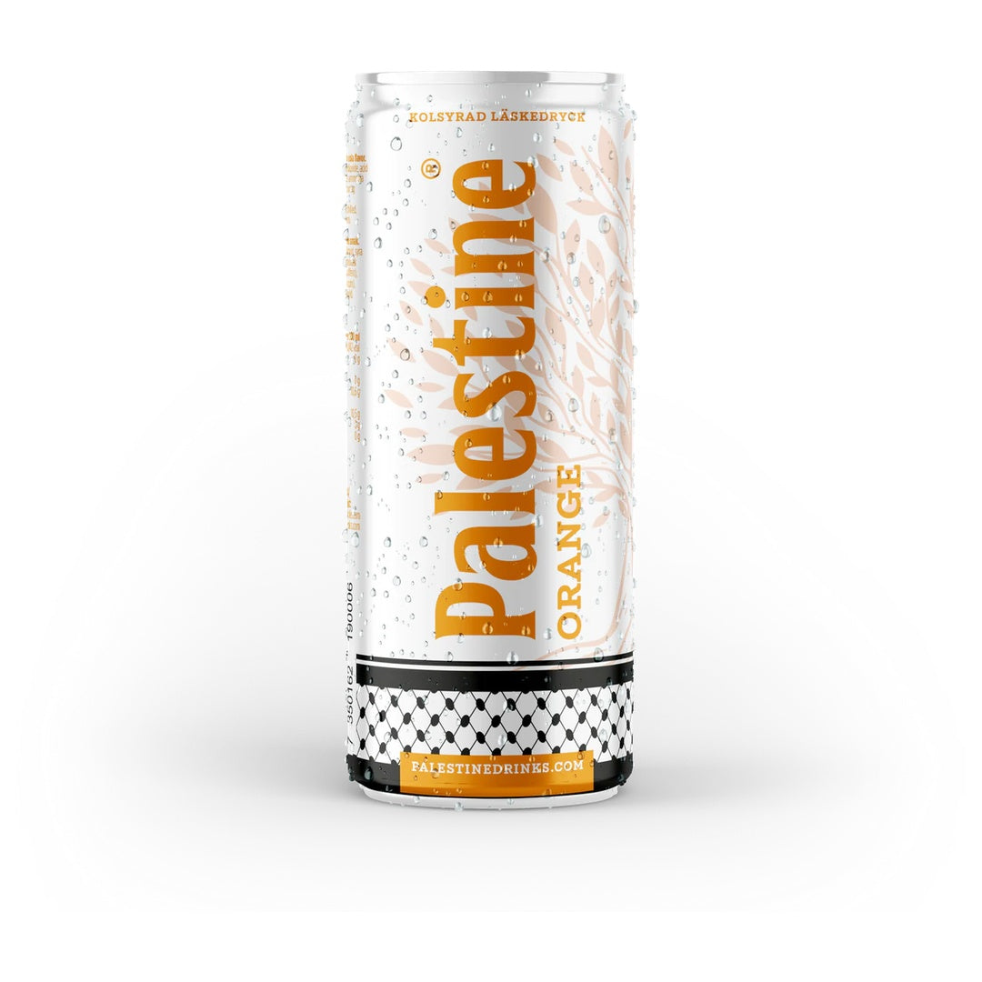 PalestineOrange Soda 330ml slim can from PalestineDrinks, showing a refreshing sparkling orange soda in a sleek can.