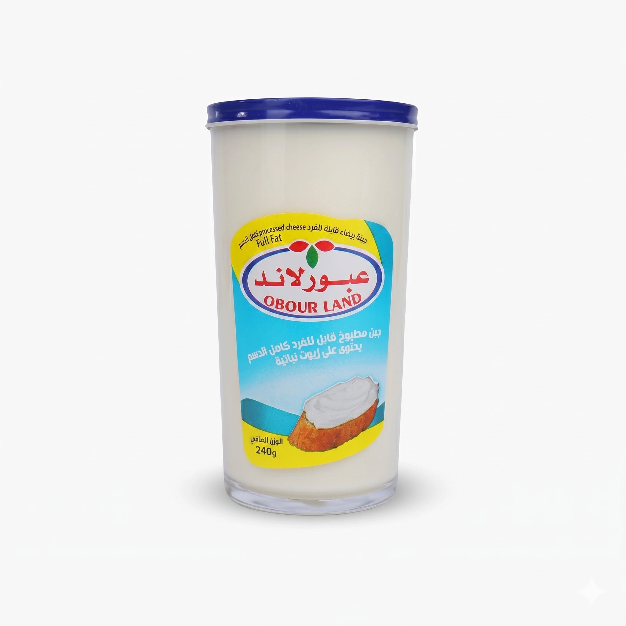 Obour Land white cheese spread in a 240g jar, creamy and full-fat with rich flavor, perfect for sandwiches, snacks, and dipping