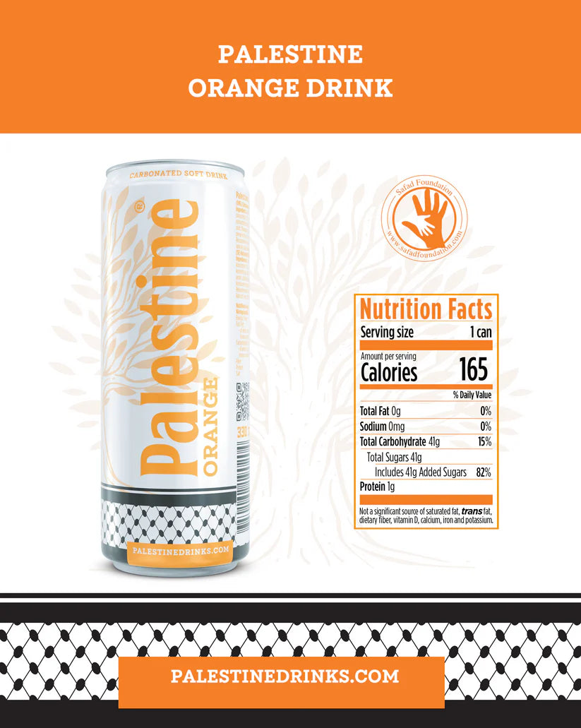 PalestineOrange Soda 330ml slim can with bright orange branding, sparkling carbonated drink in a refreshing orange flavor.