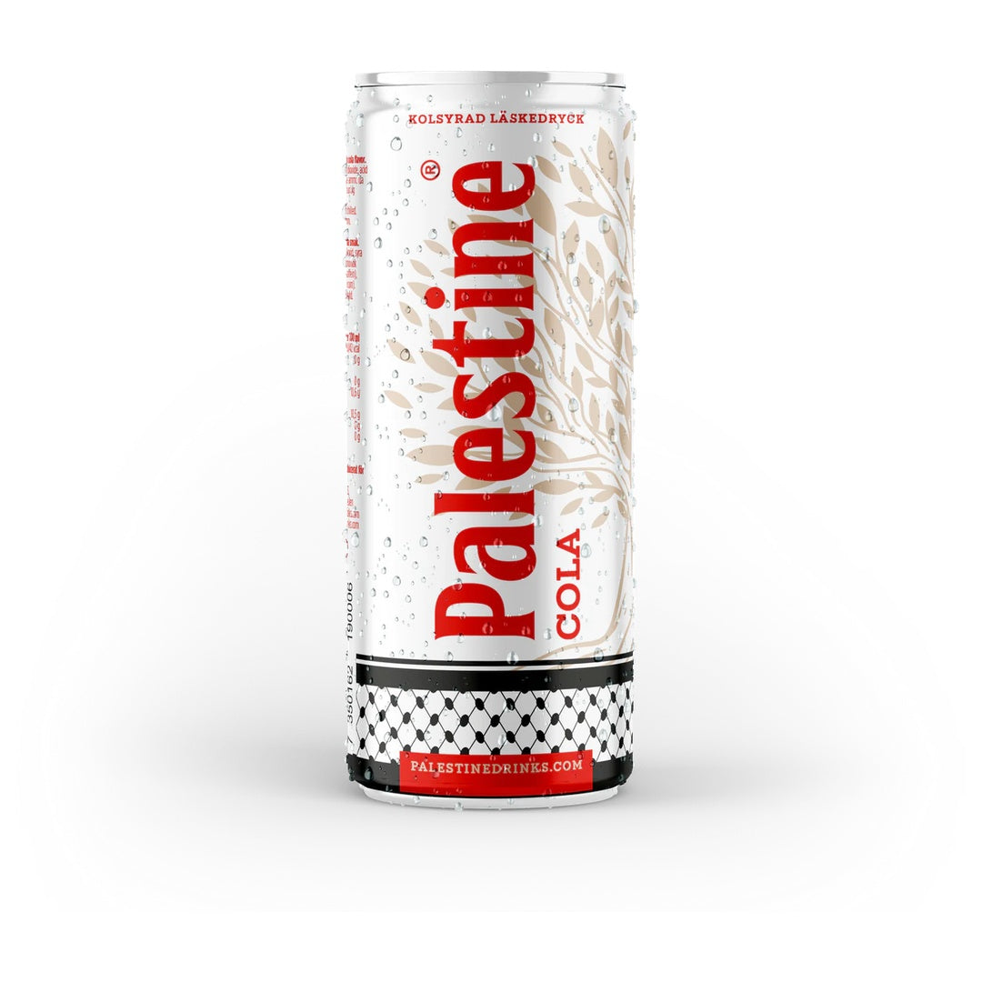 Palestine Cola 330ml carbonated soft drink can with branded label and vibrant design