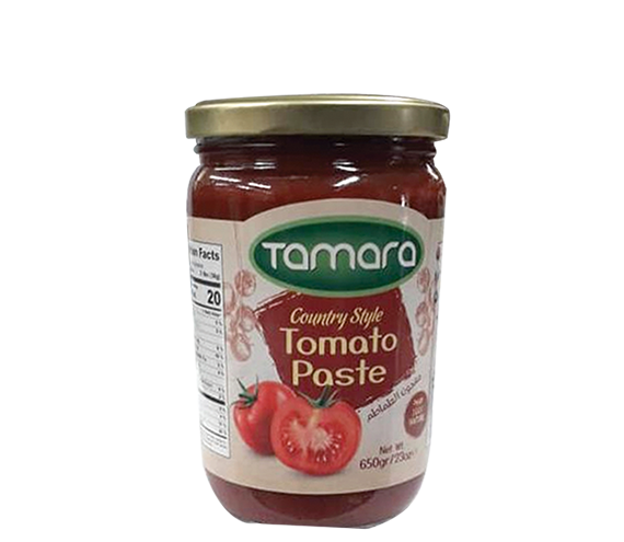 Tamara country style tomato paste in a 650g glass jar, ideal for cooking and adding rich tomato flavor to dishes.