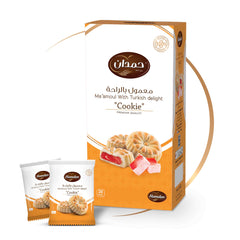 Hamdan Ma'amoul cookies with Turkish delight filling, traditional shortbread biscuits, displayed on a plate with tea cups.