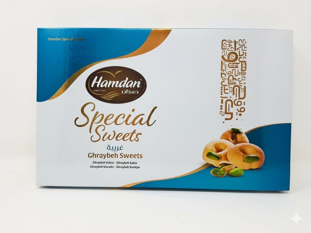 Hamdan Ghraybeh shortbread cookies in a 300g package, traditional Middle Eastern sweets with delicate, crumbly texture for gifting.