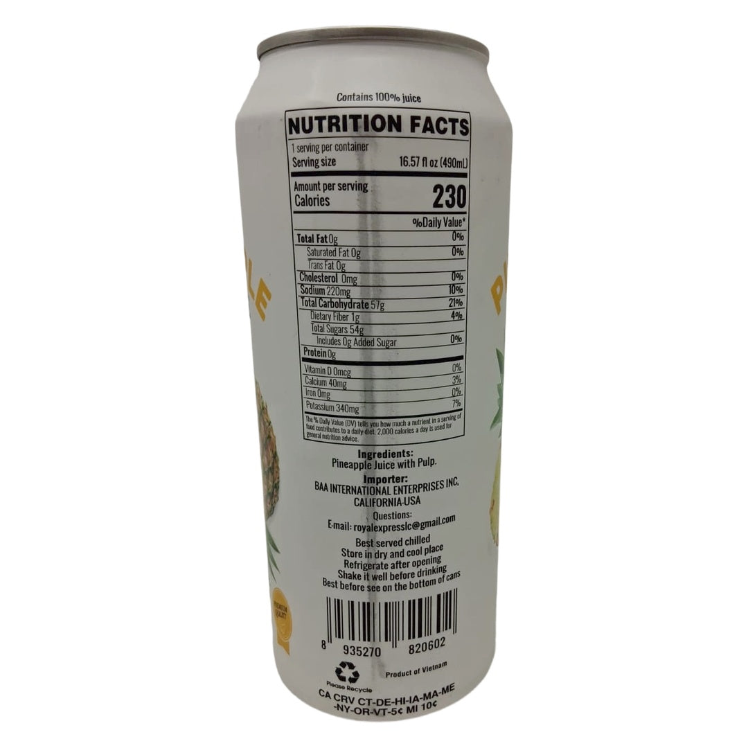 Diamonds pineapple juice with pulp in 16.57 fl oz can, showcasing fresh pineapple slices and vibrant yellow liquid.