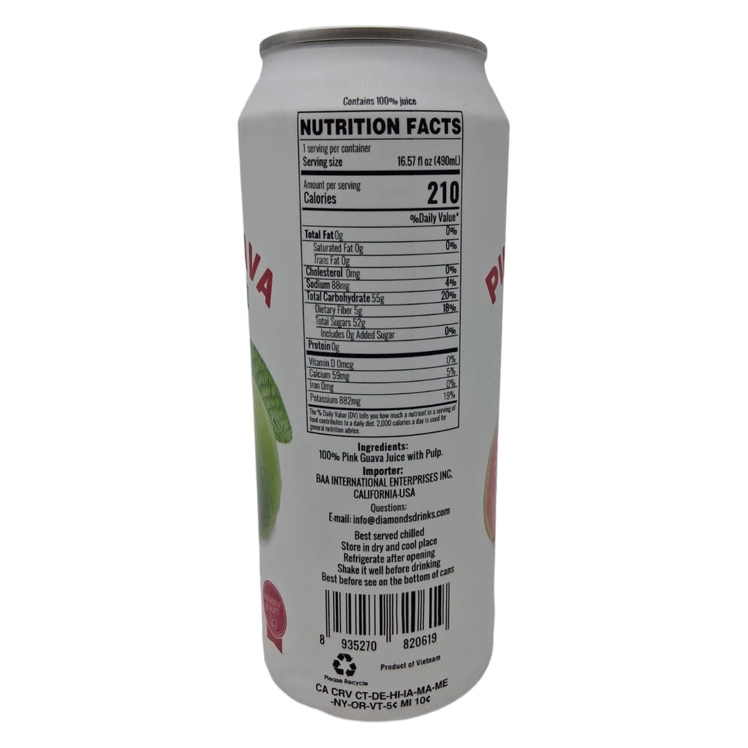 Diamonds Pink Guava Juice with Pulp in a 16.57 fl oz can, showcasing vibrant pink guava fruit and juice with pulp visible inside