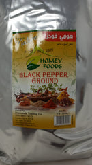 Homey Foods 5 lb bulk bag of pure fine ground black pepper spice with aromatic seasoning in a clear plastic bag.