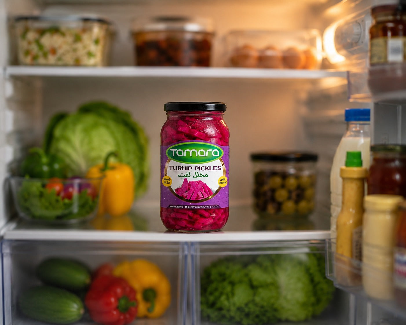Tamara Turnip Pickles 1000g container, natural and crunchy, ideal for authentic shawarma, with fresh sliced turnips visible inside.