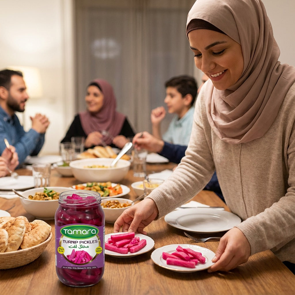 Tamara Turnip Pickles 1000g in glass jar, showcasing natural turnip slices for authentic shawarma flavor.