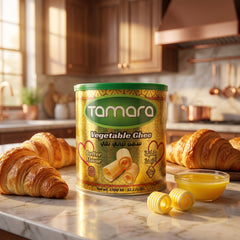 Tamara Vegetable Ghee 1.7kg jar, butter-flavored oil for cooking and baking, labeled with brand and product details.