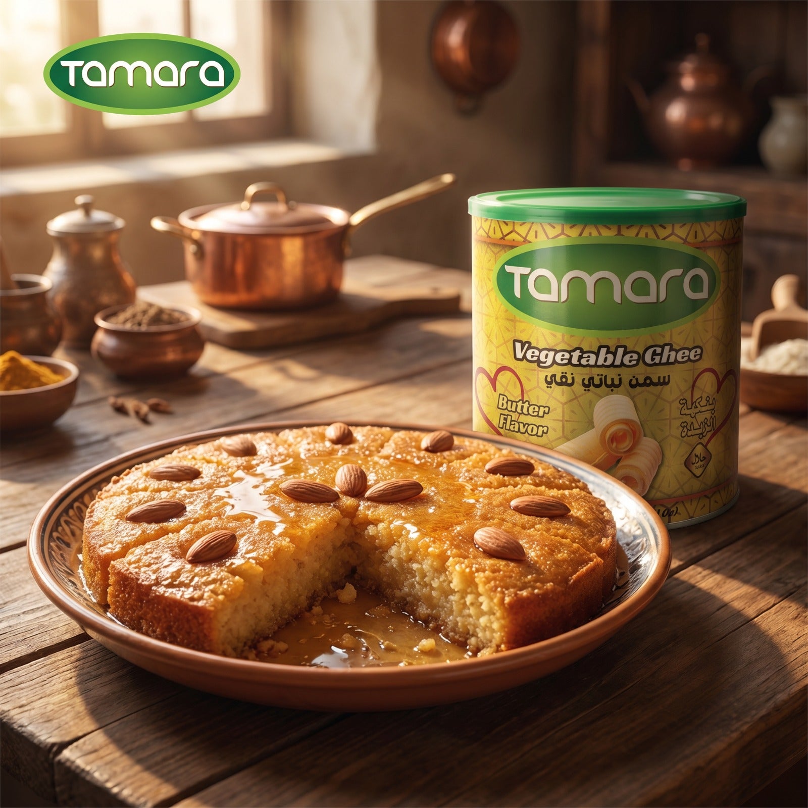 Tamara Vegetable Ghee 1.7kg bottle, butter-flavored cooking and baking oil, shown in a clear container with a golden hue.