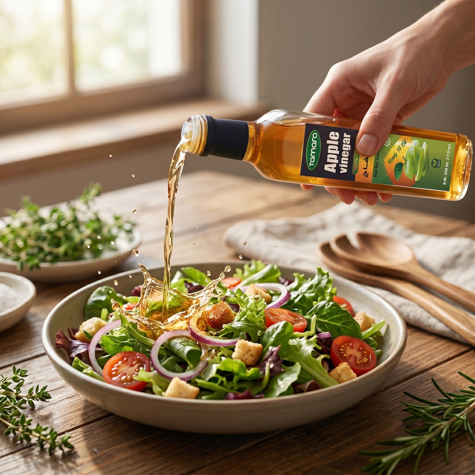 Tamara Natural Apple Vinegar 500ml bottle, unfiltered cooking tonic with clear liquid and label, ideal for salads and recipes.