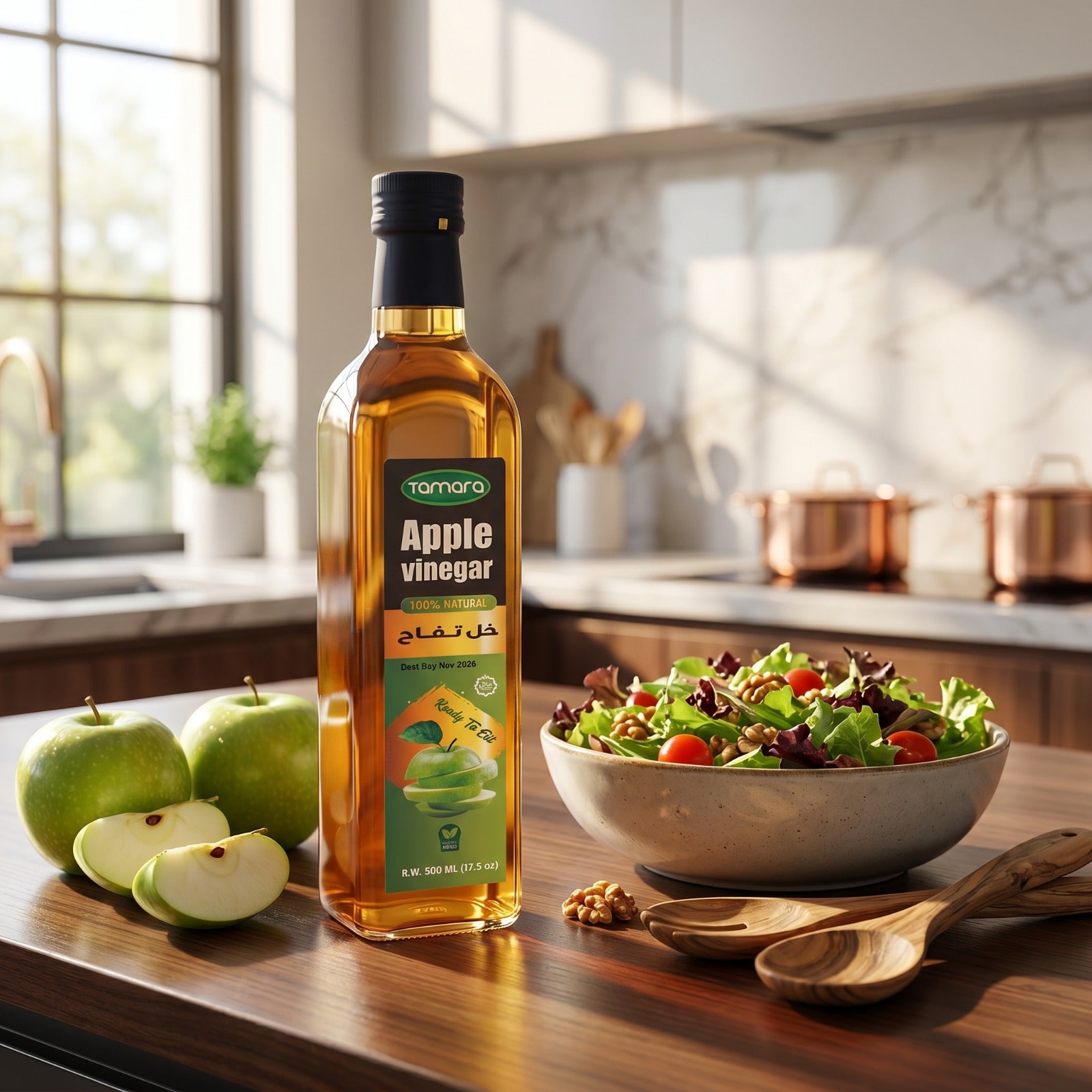 Tamara natural apple vinegar 500ml bottle, unfiltered cooking tonic with a clear glass container showing the amber-colored vinegar.