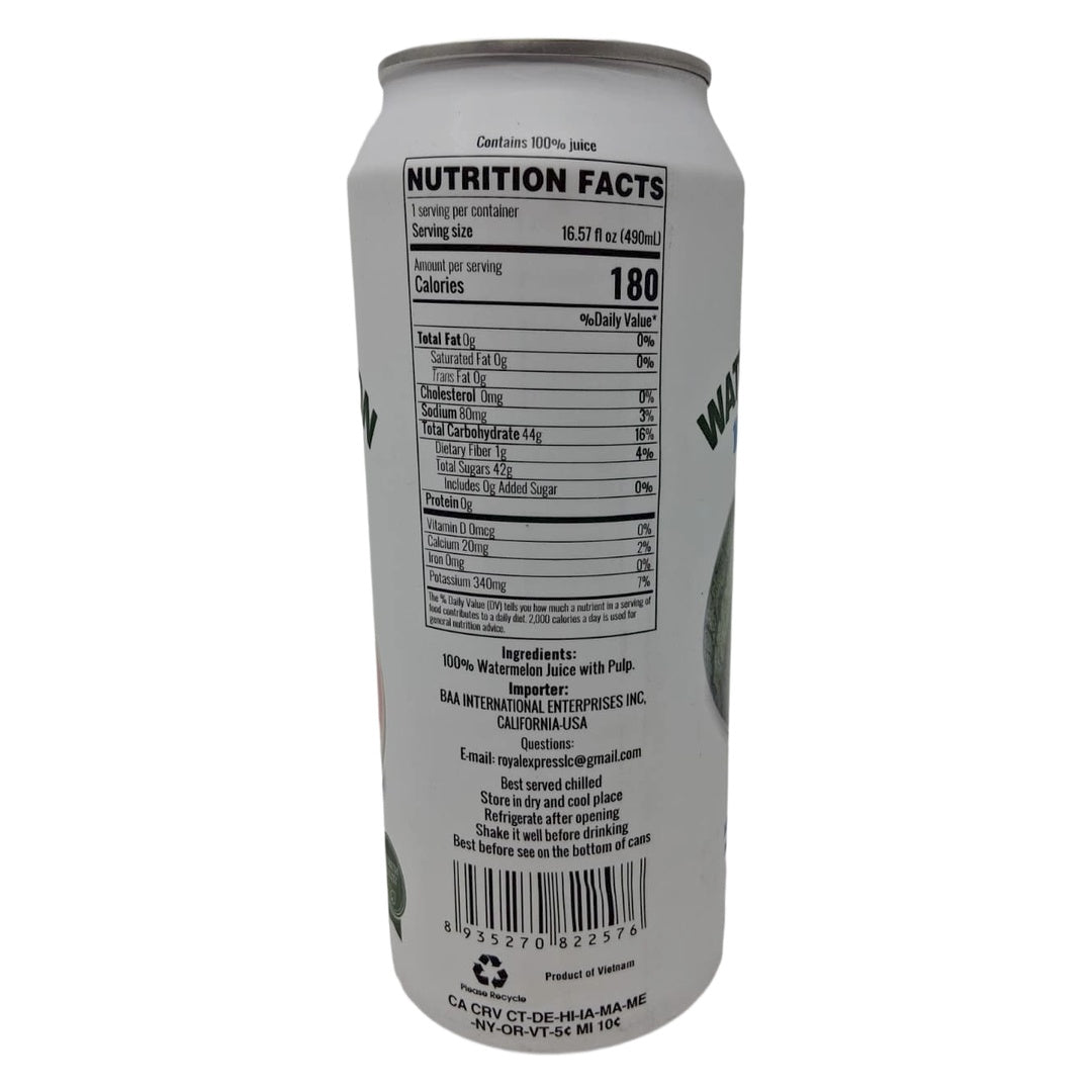 Diamonds Watermelon Juice with Pulp in a 16.57 fl oz (490mL) can, showing fresh watermelon slices and juice filled can.