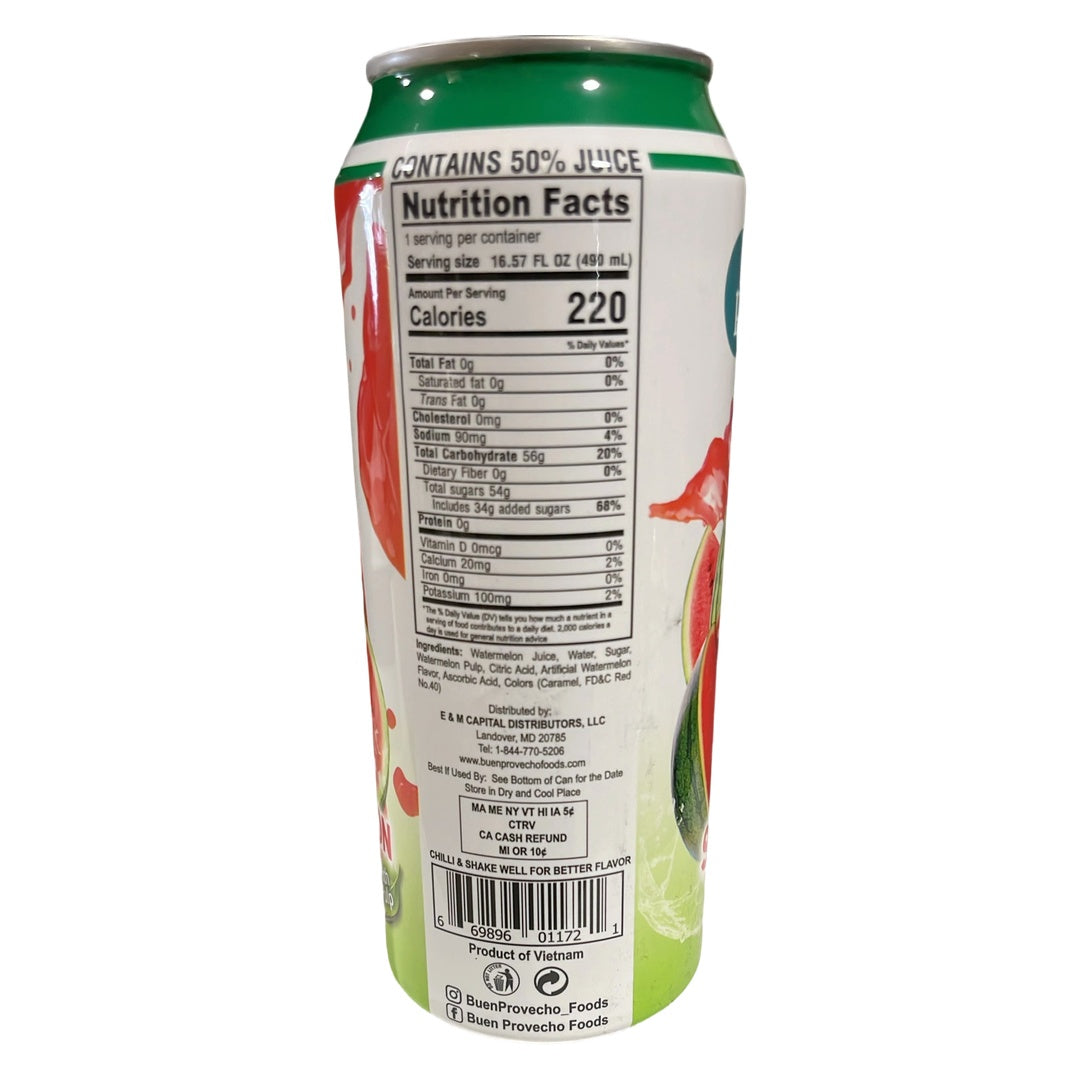 Buen Provecho Watermelon Juice with pulp in a 16.57oz bottle, showcasing a refreshing beverage with vibrant watermelon imagery.