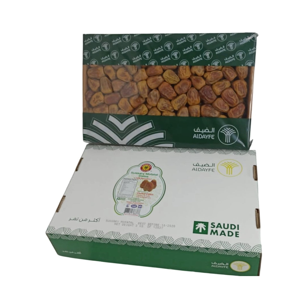 ALDAYFE Sukkary Mofatal Dates in 3kg bag, premium Saudi Arabian fresh fruit with natural caramel flavor and high fiber.